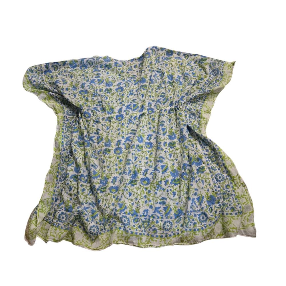 Holicow India Cotton Floral Kaftan Blouse One Size Boho Blue Green Tunic Top - Picture 3 of 8